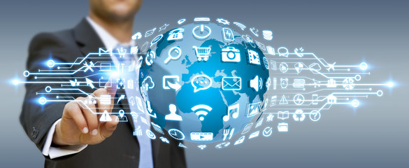 Poster - Businessman using digital world with web icons