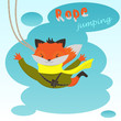 cute cartoon Fox jumping with a rope on a background of clouds