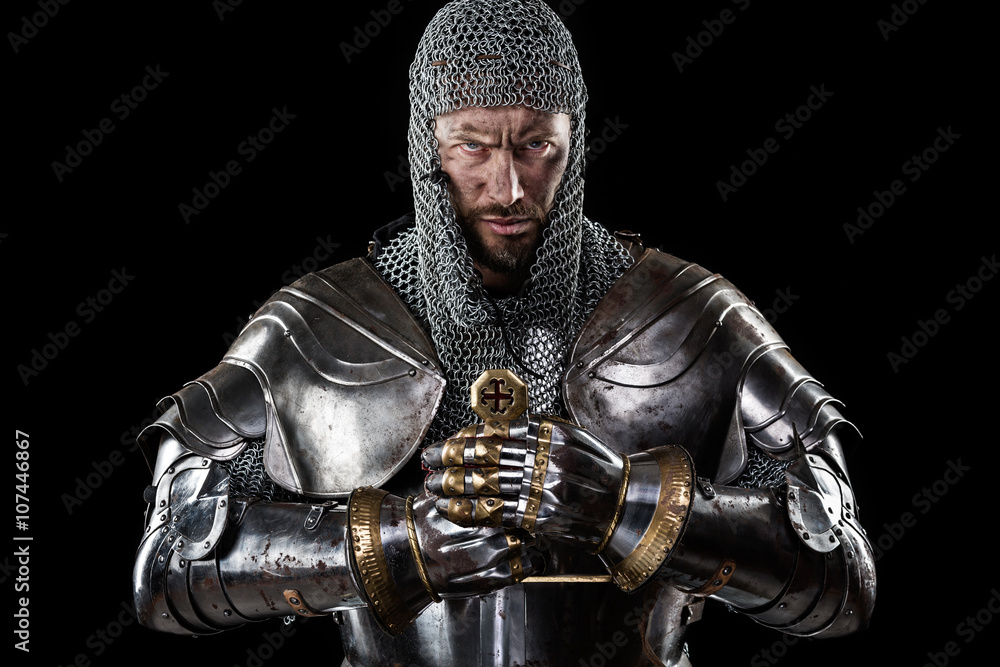 Medieval Warrior with Chain Mail Armour and Sword - obrazy, fototapety, plakaty 