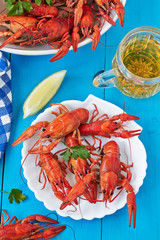 Wall Mural - Red boiled crayfish and a glass of beer on blue surface.Top view