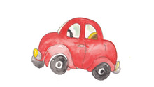 Watercolor And Colorful Red Car Hand Colored Made