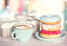Donuts And Coffee Cup On Colordul Retro Background.