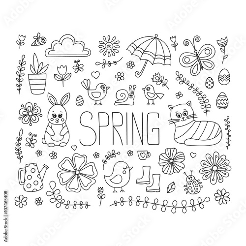 Spring doodle elements. Vector cute hand drawn spring elements bunny