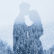 © Song_about_summer - love in winter, silhouette of couple on forest background, double exposure