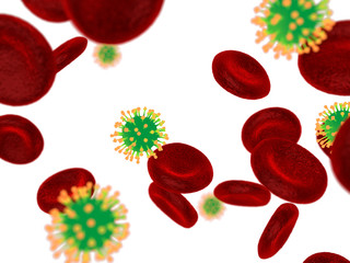 Wall Mural - abstract 3d red blood cells with flu virus, scientific or medica