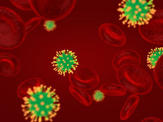 Wall Mural - abstract 3d red blood cells with flu virus, scientific or medica