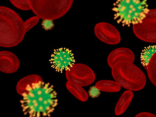 Wall Mural - abstract 3d red blood cells with flu virus, scientific or medica