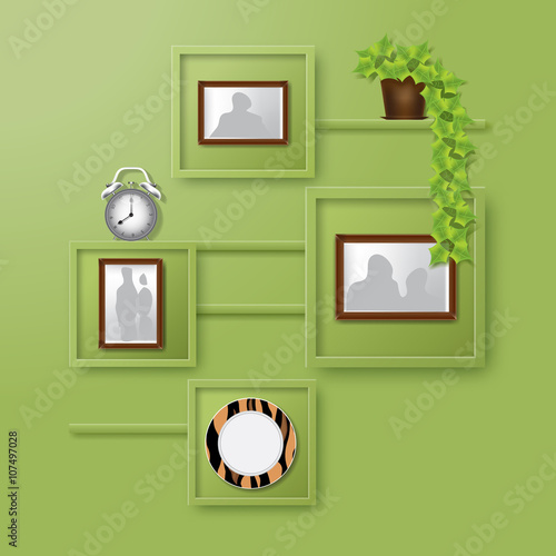 Home Interior Design Green Wall With Shelves With Photo Frames Of Different Shapes Alarm Clock And Home Plant In Pot Digital Background Vector Illustration Stock Vector Adobe Stock