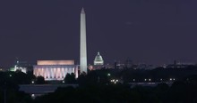 Washington DC Skyline Timelapse At Night With Super Moon, Lincoln Memorial, Washington Monument And US Capitol Building. There Is Plenty Of Time Before The Moon Appears To Use Without The Supermoon.