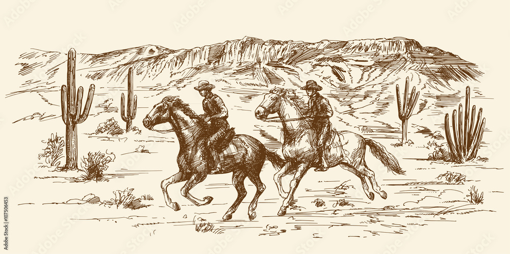 American wild west desert with cowboys - hand drawn illustration - obrazy, fototapety, plakaty 