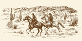 American wild west desert with cowboys - hand drawn illustration