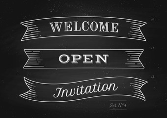 Wall Mural - set of old vintage ribbon banners with word welcome, open and invitation on a black chalkboard backg
