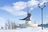 Fototapeta  - View of winter quay of Lake Onega, Petrozavodsk, Russia. Sculpture 