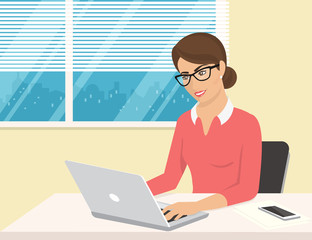 Wall Mural - business woman wearing rose shirt sitting in the office and working with laptop. flat illustration o