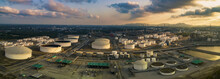 Aerial View Panorama View Of Oil Refinery Storage Tank In Heavy