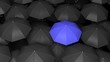 3D rendering of classic large black umbrellas tops with one blue standing out.
