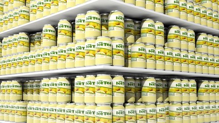 Canvas Print - 3D rendering with closeup on supermarket shelves with ice tea cans.