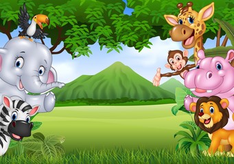 Poster - Cartoon wild animals with nature landscape background