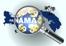 Search Money In Offshore. Magnifying Glass Illustration, Design Over A Panama Map. Vector Illustration Financial Concept.