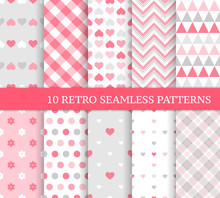 Ten Different Seamless Patterns With Hearts, Stripes And Dots.