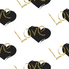 Wall Mural - Glitter scandinavian black brushed heart ornament. Vector gold love seamless pattern collection. Modern glam shimmer details stylish texture.