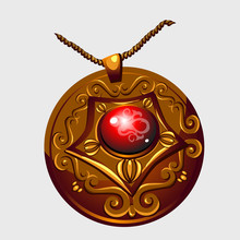Ancient Golden Amulet Pendant With Red Stone 