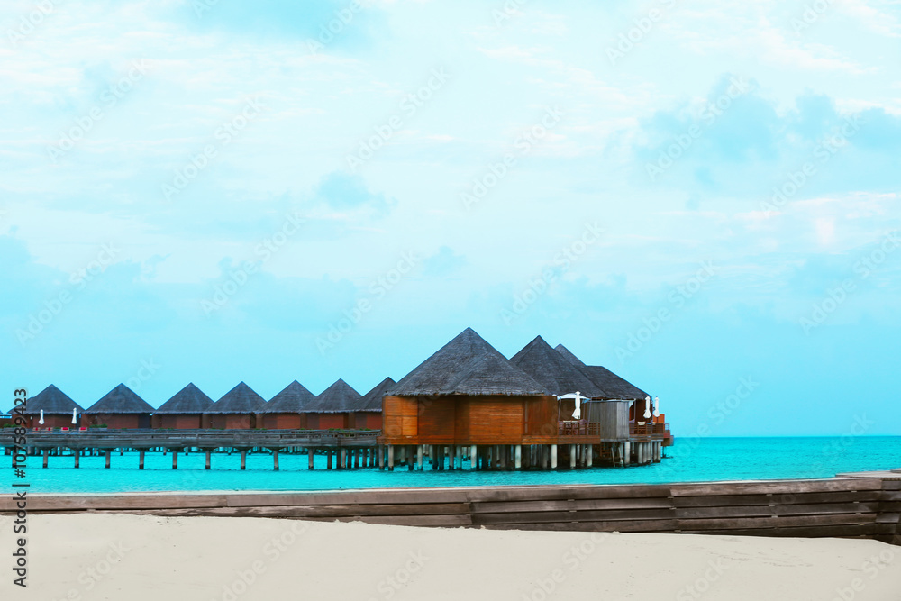 Exotic wooden water bungalows.