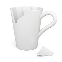 Broken white mug isolated on white background. 3d rendering.