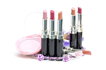 selective focus natural tone shiny lip sticks whit pink blusher