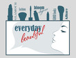 Make up Banner with Text everyday beautiful, isolated makeup tools on gray Background, girl’s profile face, frame for invitation, header, site. Vector illustration.