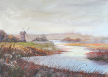 Watercolor Painting Landscape.River And Old Windmill.Watercolor Hand Drawn Illustration.