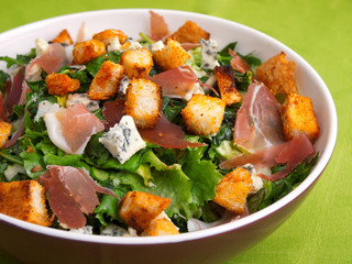 Sticker - French Provencal Salad with green salad, bacon, croutons and blue cheese. Close up, horizontal shot