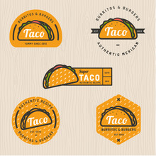 Set Of Taco Logo, Badges, Banners, Emblem For Restaurant. Vector Illustration.