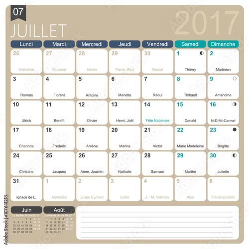 French calendar 2017 / July 2017, French printable monthly calendar