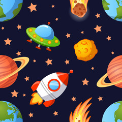 Wall Mural - Childish seamless space pattern with planets, UFO, rockets and stars