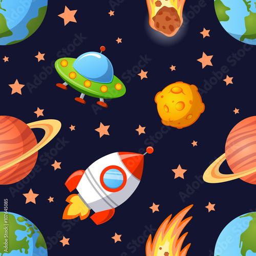 Childish seamless space pattern with planets, UFO, rockets and stars ...