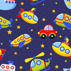  Childish seamless pattern with transport. Car, submarine, ship, plane, helicopter