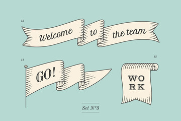 Wall Mural - set of old vintage ribbon banners and drawing in engraving style with inscription welcome to the tea