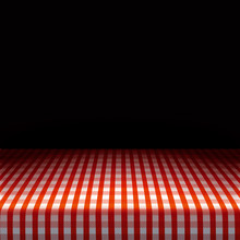 Vector Picnic Table Covered With Tablecloth On Dark Background.