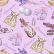 Lavender natural cosmetics seamless pattern on lilac background. Background design for cosmetics, store, beauty salon, natural and organic products. Best for fabric, textile, wrapping paper.