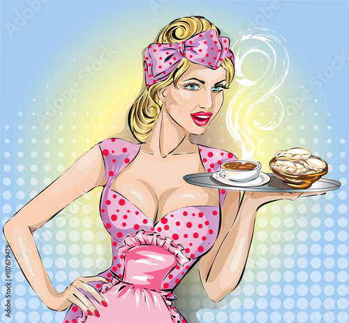 Plakat na zamówienie Kobieta pop-art z tacą jedzenia