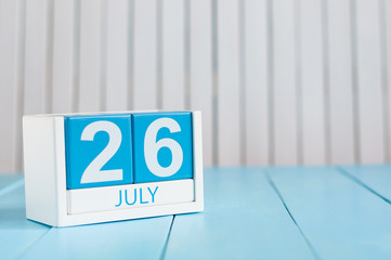 July 26th. Image of july 26 wooden color calendar on white background. Summer day. Empty space for text. Day Of Esperanto