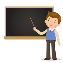 Male Teacher Standing In Front Of Blackboard With A Pointer