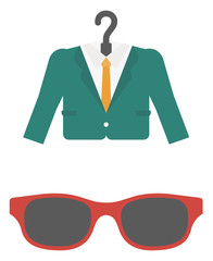 Poster - Suit on hanger and sunglasses.