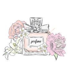 Perfume Bottle And Flowers. Vector Illustration. Print On A Postcard, Poster Or Clothing.