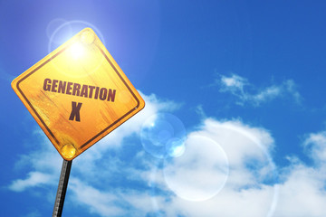 Yellow road sign with a blue sky and white clouds: generation x 