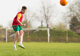 Wall Mural - boy kicking a ball at goal