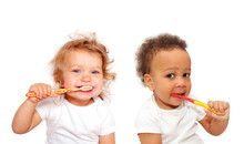 Black And White Baby Toddlers Brushing Teeth