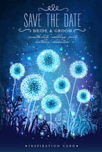 Amazing Dandelions With Magical Lights Of Fireflies At Night Sky Background. Inspiration Card For Wedding, Date, Birthday, Holiday Or Garden Party. Save The Date