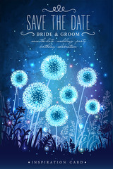 Wall Mural - Amazing dandelions with magical lights of fireflies at night sky background. Inspiration card for wedding, date, birthday, holiday or garden party. Save the Date